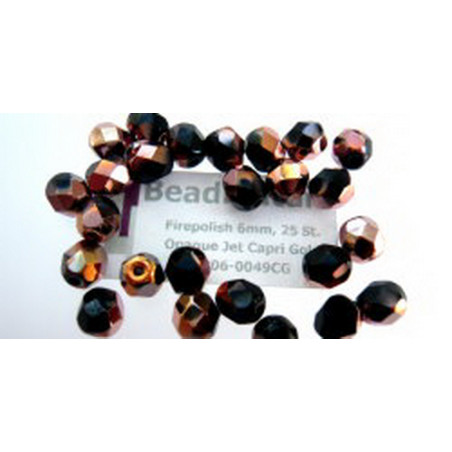 Firepolish 6mm Opaque Jet Capri Gold, 25 St.